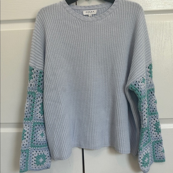 Gilli Granny Square Crochet sleeve Oversized Boxy Pullover Sweater Blue NEW - Picture 1 of 4